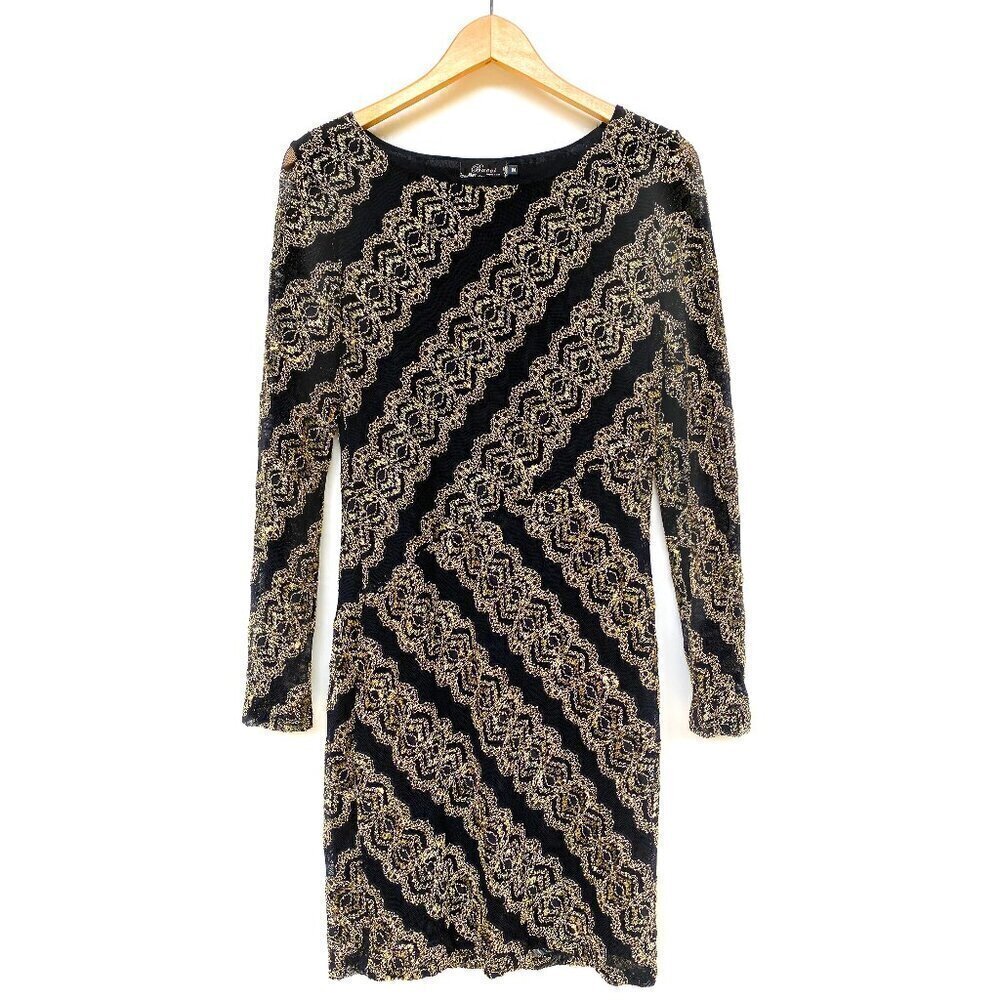 Bacci Black Lace & Metallic Gold Embroidered Dress Size M